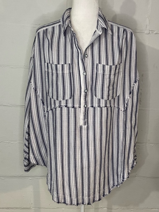 We The Free Tops - We The Free Striped Button-Front Tunic Blouse in White and Navy